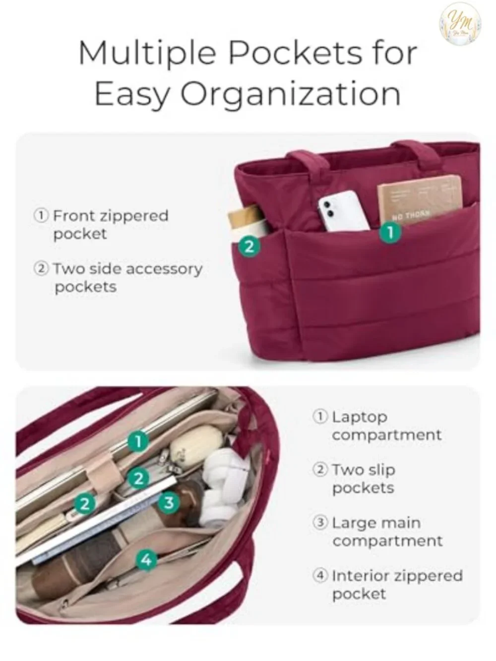 Puffy Tote Bag for Women, Lightweight Work Handbag with Zipper